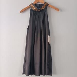 Milly Black Silk Halter Blouse Metal Flower Detail 8 NWT